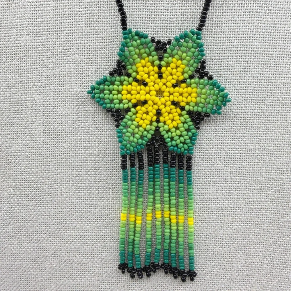 Necklace Green Yellow Seed Bead Floral Fringe Vintage Boho Artisan Statement Bib